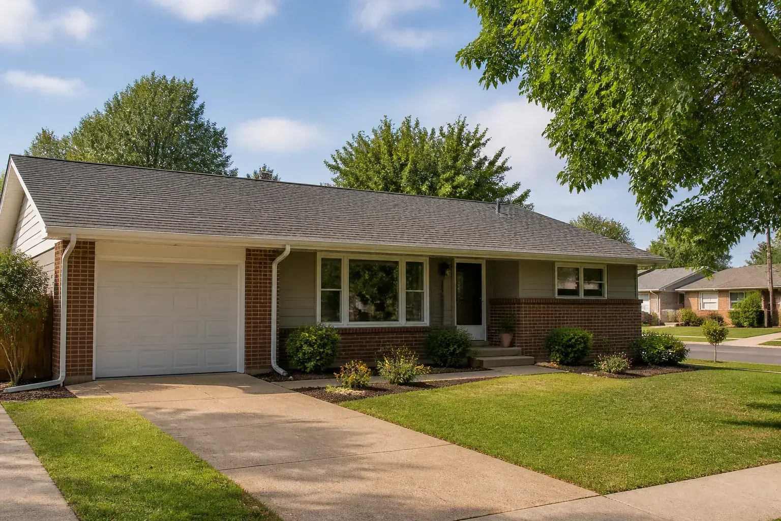 Completed roof repair on a ranch-style house